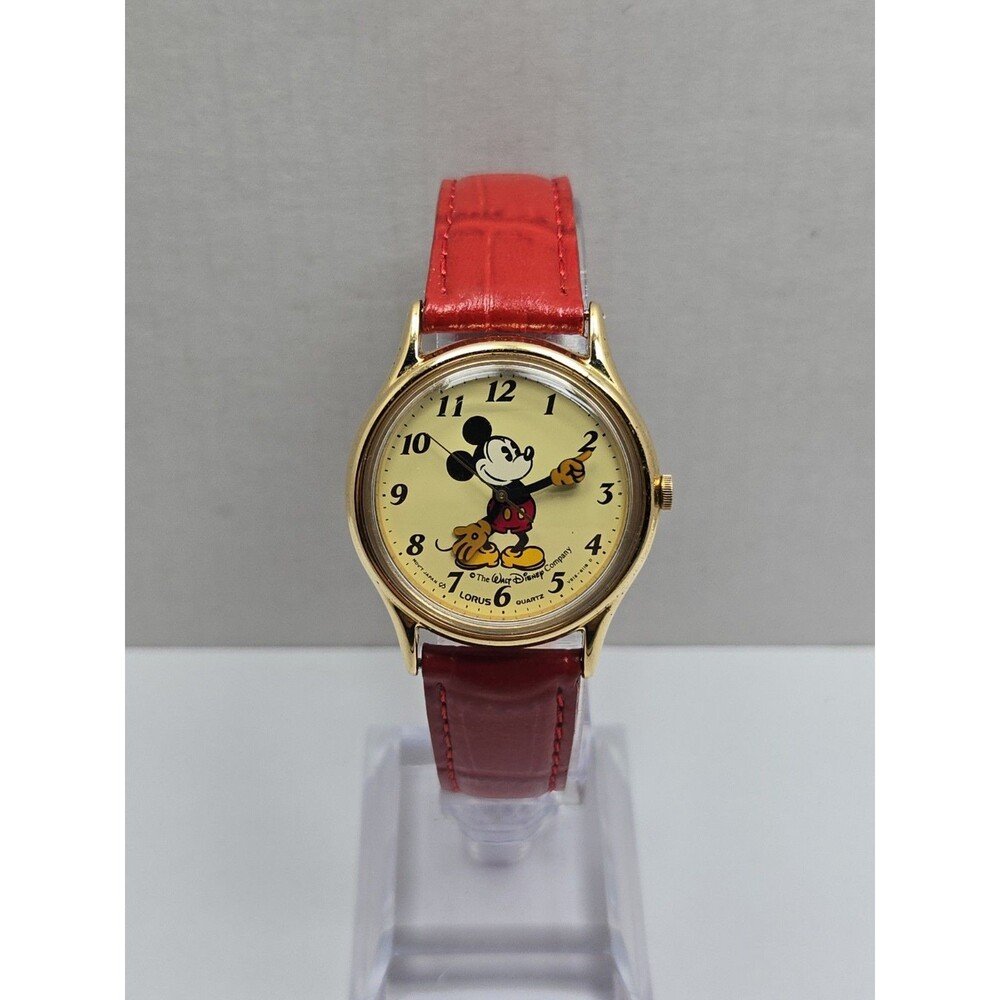 Vintage Lorus Disney Mickey Mouse Gold Tone Quartz Watch Leather 80s New Battery